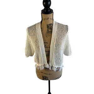 Calvin Klein Women's Short-Sleeve Crochet Knit Cardigan Open Front Ivory Size M